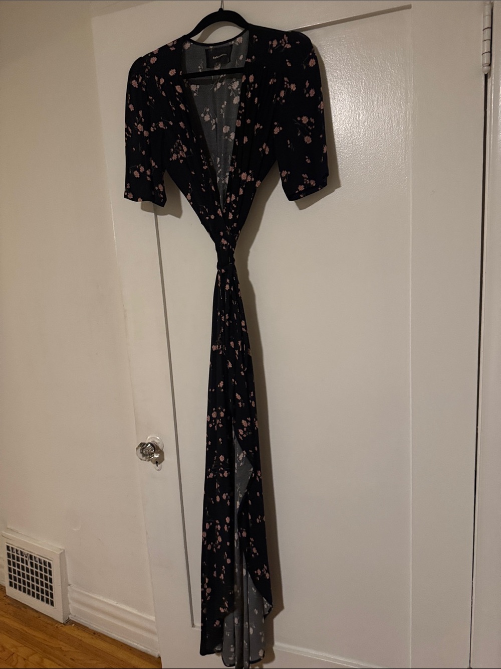 Reformation Black Maxi Wrap Dress with Pink Floral Print